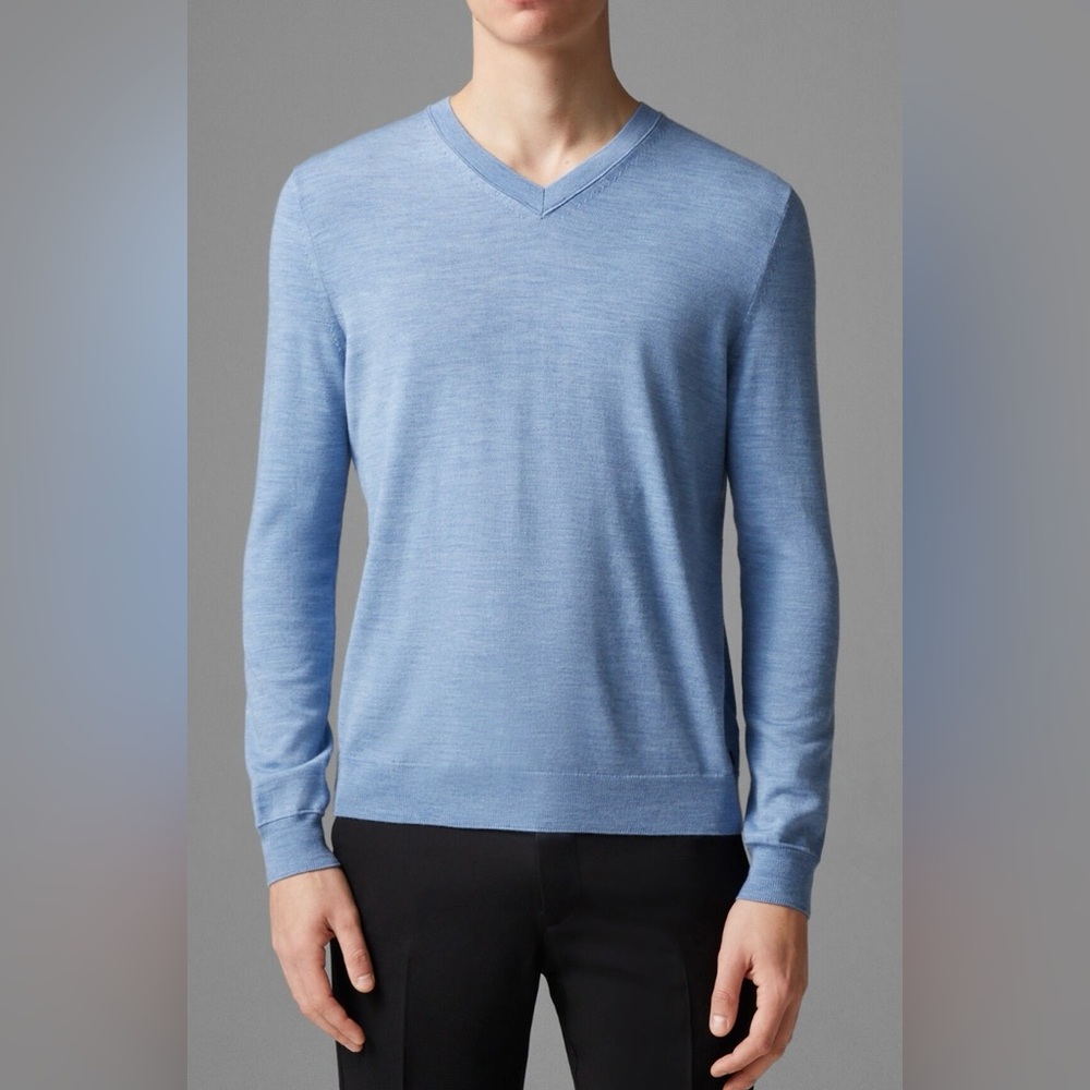 Bogner Omar Merino Wool Blue V-Neck Sweater NWT Size S Luxury Designer Mens